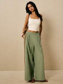 Poéselle 女式松紧腰刺绣口袋休闲阔腿裤