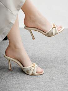 CUCCOO BIZCHIC Dames beige PU gemengd met gouden gesp decor retro mode 8.8CM hoge hak puntige neus muil hoge hak sandalen