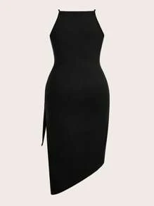 SHEIN BASICS Casual Solid Color Knit Plus Size Sleeveless Dress - Black - View 2
