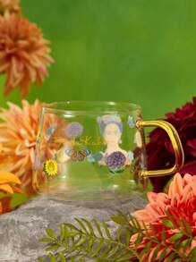 Frida Kahlo X SHEIN 1 pieza Taza de vidrio con gráfico floral y de figura, resistente al calor, apta para lavavajillas, adecuada para té, café, jugo y otras bebidas