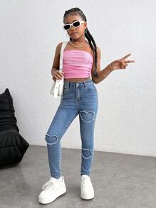 青少年女孩牛仔裤紧身弹力心形刺绣长裤弹力紧身牛仔裤牛仔裤牛仔裤紧身牛仔裤弹力牛仔裤，女孩夏季海滩波西米亚风度假短裤，夏季音乐会节日休闲狂欢装，女孩夏季早午餐教堂毕业派对装 - 淺色水洗藍 - 查看 4