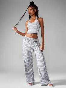 MISSGUIDED 条纹吊带短款上衣和阔腿裤家居服休闲海滩度假夏季两件套休闲服 - 彩色 - 查看 1