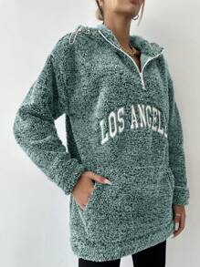 EURMUSE Women's Hooded Drawstring Zipper Letter Print Long Sleeve Fashionable Jacket - Mint Green - View 5