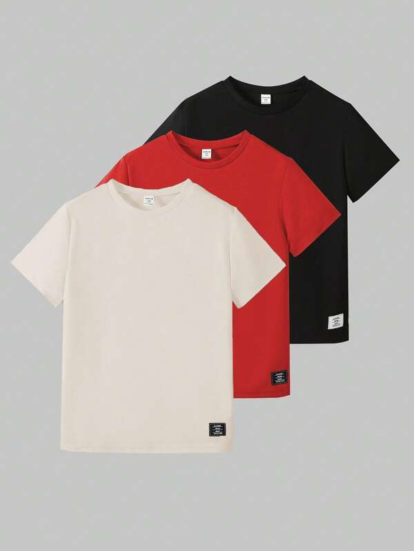 SHEIN 3 piezas de camisetas de manga corta y cuello redondo para niños, con etiquetas decorativas, para primavera/verano