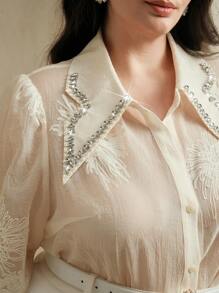 Anewsta 刺绣铆钉设计感衬衫 - 杏色 - 查看 5