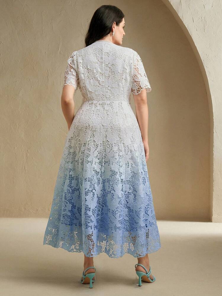 Anewsta Women Plus Size V-Neck Rhinestone Decor Ombre Color Flared Dress