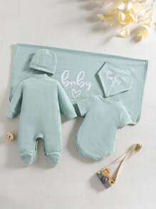 Newborn Baby 5pcs Set Spring/Summer Jumpsuit, Bib, Swaddle Blanket, Bodysuit, Hat, Casual Letter Print Furniture Outfit Newborn Baby Layette Set Baby Unisex Clothes Sets - Green - View 2