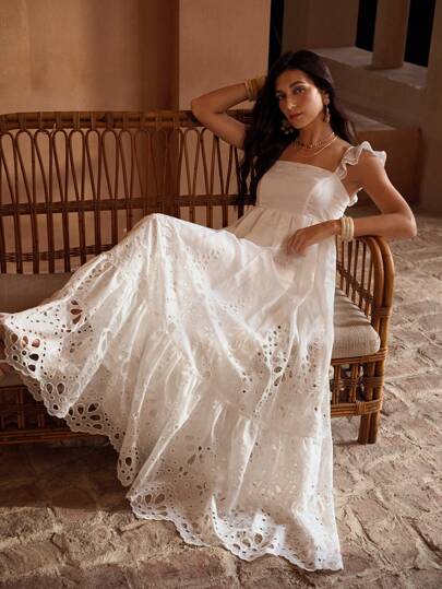 MOTF PREMIUM EYELET EMBROIDERY RUFFLE HEM DRESS