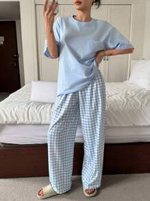 DAZY Minimalist Round Neck T-Shirt Top And Plaid Pants Home Wear Pajamas Set, Back To School Clothes - Baby Blue - View 3