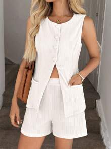 SHEIN LUNE 2pcs/Set Women Casual Solid Color Button-Front Vest And Shorts Set Old Money Style Women Lounge Sets For Women - Apricot - View 3