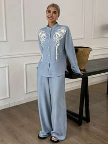 DAZY Women's Casual Lace Decor Shirt And Wide Leg Pants 2 Pieces Set, Autumn,Fall Women Clothes Lounge Sets For Women Vacation Outfits Women - Blue - View 5