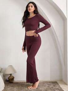 Ocili Ocili Leisure Women Ribbed Crew Neck Long Sleeve Ruffled Top & Flared Pants Casual Suit Set Outfit
