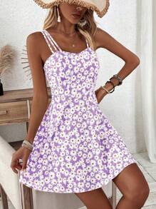 Breezaya 女士黄色花卉印花吊带连衣裙度假海滩装 - 淡紫色 - 查看 5