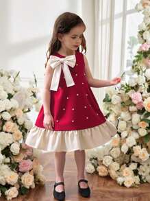 SHEIN Elladie kids 年轻女孩夏季新款珍珠蝴蝶结无袖荷叶边下摆A字连衣裙，时尚优雅公主通勤连衣裙