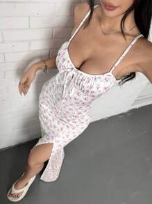 SHEIN EZwear 女士度假粉色花卉侧开衩下摆细肩带连衣裙 - 粉色 - 查看 6