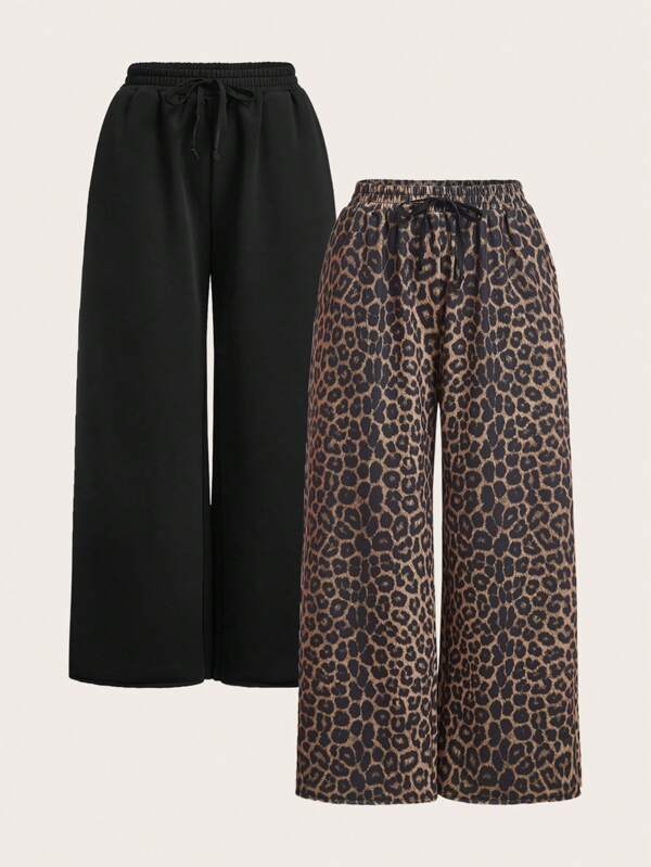 SHEIN EZwear 2pcs/Set Plus Size Women Leopard Print & Black Sweatpants, Spring/Summer