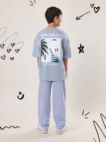 SUMWON Conjunto de camiseta y atuendo casual de vacaciones para adolescentes con estampado del viaje a Santorini, Grecia, para el verano, la playa y el ocio en el Mediterráneo