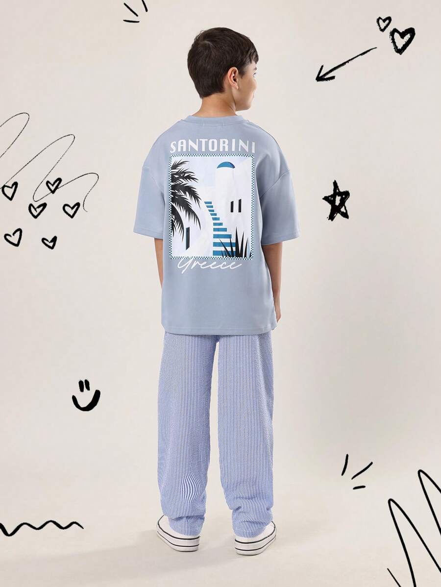 SUMWON Conjunto de camiseta y atuendo casual de vacaciones para adolescentes con estampado del viaje a Santorini, Grecia, para el verano, la playa y el ocio en el Mediterráneo