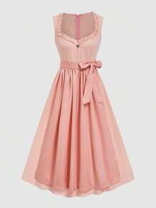 Fairmaia Traditionelles deutsches Damen Kleid aus einfarbigem Stoff mit Rüschensaum und Selbstbindung in der Taille - Pink - Übersicht 1