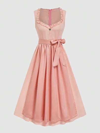 Fairmaia Vestido tradicional alemán para mujer de color liso con volantes en el bajo y cintura con lazo