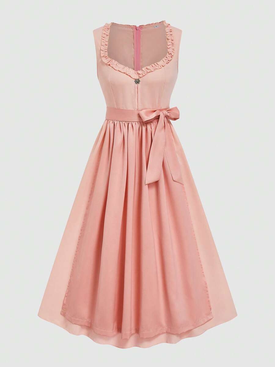 Fairmaia Traditionelles deutsches Damen Kleid aus einfarbigem Stoff mit Rüschensaum und Selbstbindung in der Taille - Pink - Übersicht 1