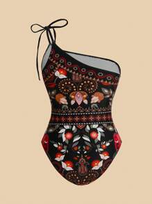 Travachic All-Over Print Asymmetric Neckline Twist Front One-Piece Swimsuit - Black - View 2