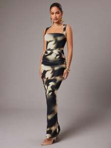 Silquee 女士扎染天鹅领褶皱无袖修身加长连衣裙 - 彩色 - 查看 6