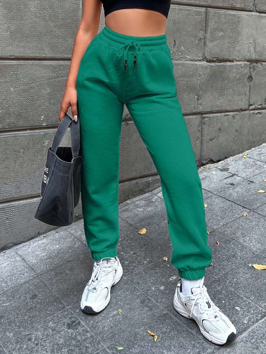SHEIN Cottnline Women's Solid Color Drawstring Waist Sweatpants - Green - View 1