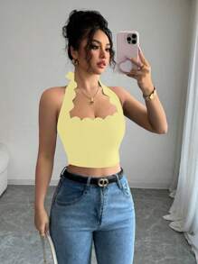 INAWLY Sexy Vacation Black Halter Tie Ruffled Neck Cropped Tank Top For Women - Yellow - View 5