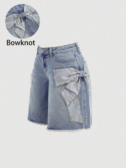 SHEIN Girlism Teen Girls Y2K Spring Summer Break Vintage Retro Washed Low Waist Slanted Pocket 3D Bowknot Denim Jeans Long Shorts With Raw Hem,Girls Summer Beach Boho Vacation Biker Shorts Bermuda Short, Summer Concert Festival Casual Rave Outfits, Girls Summer Brunch Church Graduation Outfits,Streetwear,Back To School Outfits