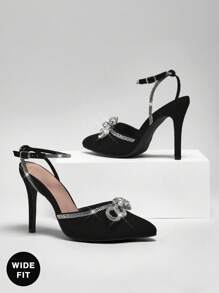 SHUZIA 宽版畅销女士水钻踝带和蝴蝶结装饰尖头细高跟鞋黑色高跟鞋 - 优雅、迷人、彰显个性。 - 黑色 - 查看 1