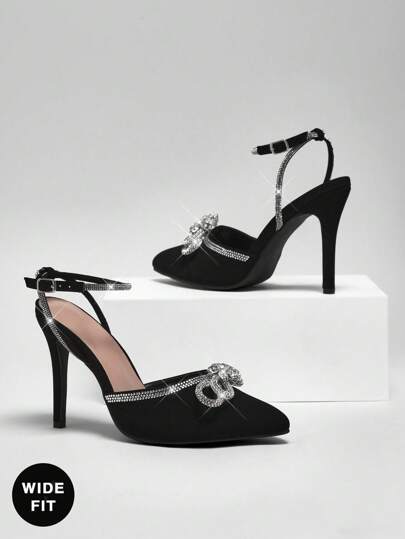 SHUZIA Wide Fit Top Seller Women's Rhinestone  Ankle Strap& Bow Decor Pointed Toe Stiletto Heel Nub Black Pumps-Elegant, Glamorous & Statement-Making. For Christmas