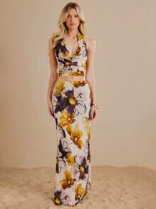 L'Amorae Large Watercolor Floral Printed Maxi Skirt Wedding Guest Graduation Spring Summer - Multicolor - View 1