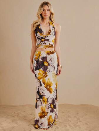 L'Amorae 女式春夏花卉印花长裙