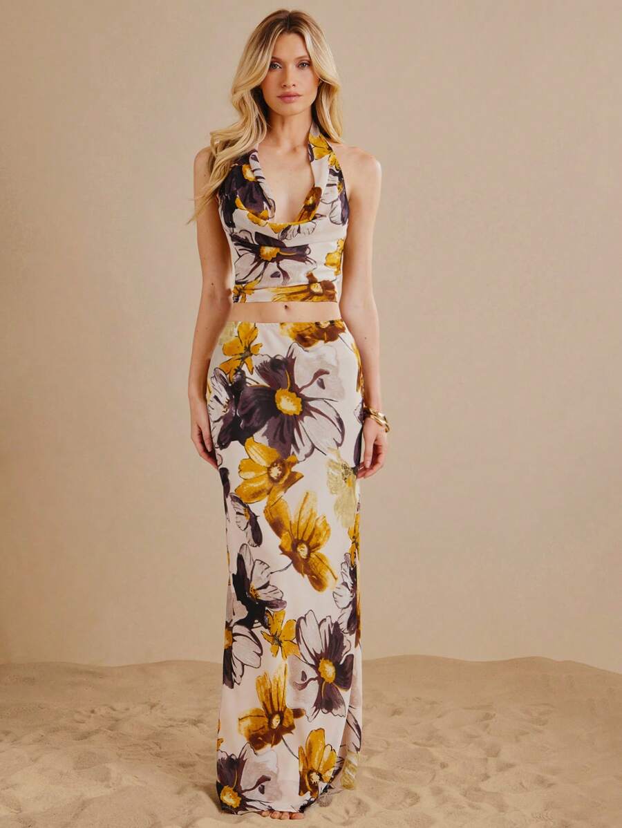 L'Amorae Large Watercolor Floral Printed Maxi Skirt Wedding Guest Graduation Spring Summer - Multicolor - View 1