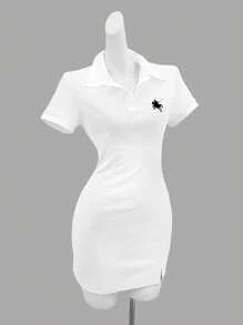 INAWLY Elegant Embroidered Casual Polo Collar Fitted T-Shirt Dress
