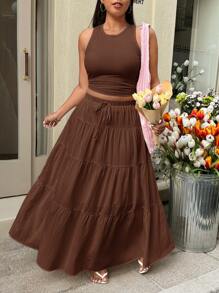 SHEIN EZwear 巧克力棕色无袖超长连衣裙套装，加大码 - 巧克力棕 - 查看 4