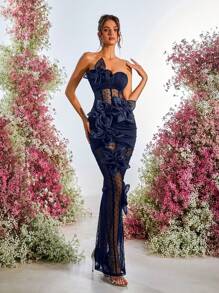 Glamrae 优雅 V 领无袖荷叶边长款女士正式晚礼服，黑色和红色 - 藏蓝色 - 查看 6