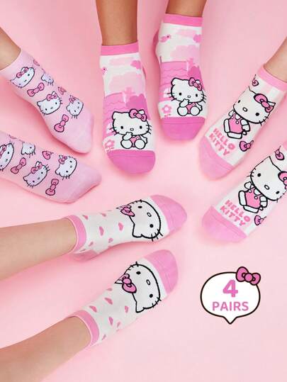 HELLO KITTY AND FRIENDS | SHEIN 4 双可爱猫咪图案柔软透气吸湿排汗女士短袜，加固脚趾和脚跟，适合所有季节，粉色和白色
