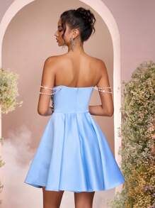 Lovelzi Elegant And Luxurious Light Blue Luxurious Satin Handmade Pearl Decoration Pearl Chain One Shoulder Drop Shoulder Sleeve Waist Section Sexy See-Through Short Style Large A-Line, Suitable For Dating, Bachelorette Party, Formal Evening Party, Prom Dress (Heavy Workmanship)