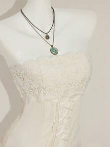 SHEIN ICON Y2k 外出西部波西米亚嬉皮米色露肩荷叶边无袖蕾丝拼布下摆纯色吊带背心连衣裙 - 杏色 - 查看 4