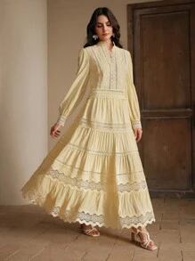 Anewsta Women's Elegant Lace Embroidery Hollow Out Shirt Top And Skirt 2 Pieces Set, Spring/Summer, Festival/Graduation, Butterscotch Yellow - Yellow - View 5