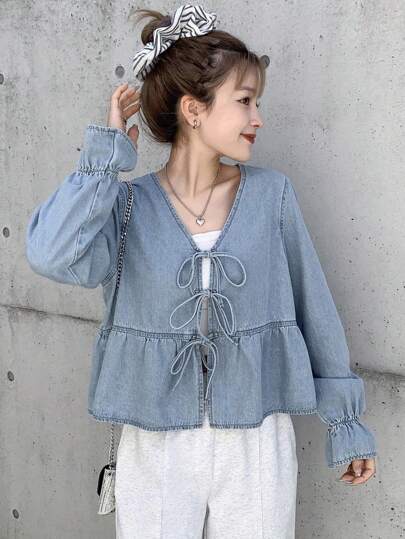 FRIFUL 女士浅蓝色系带蝴蝶结袖口休闲百搭牛仔上衣，适合机场/度假穿着，长袖