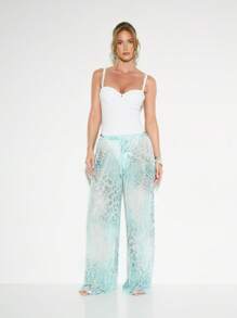 KIZN Quần đi biển màu nước ống rộng có dây rút mặc đi nghỉ dưỡng, đồ bơi mặc đi biển, đồ mặc đi nghỉ bên hồ bơi, quần Palazzo mỏng - màu xanh lá - Xem 1