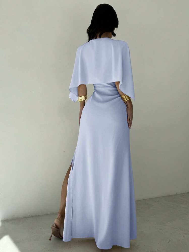 Firerie Robe de soirée élégante jaune pour les fêtes d'été, robe de cérémonie formelle pour la remise des diplômes, les cérémonies de remise de prix, sans manches avec des plis à la taille, fente à l'ourlet, longueur jusqu'aux pieds - Bleu azur - Voir 2