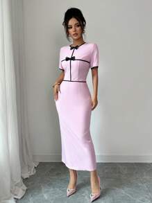 Modelyn 2pcs/Set Women's Simple Bow Decor Short Sleeve Top And Skirt Suit - Pink - View 5