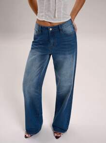 SHEIN BAE 女士休闲时尚日常街头纽扣口袋牛仔裤 - 深色水洗藍 - 查看 7