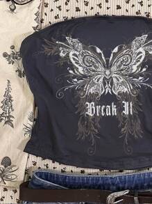 Attitoon Áo crop top Bandeau thường ngày mùa hè cho nữ họa tiết "Cánh tiên bướm" & "Break It" của Fairycore Goth cổ điển - Màu xám đen - Xem 3