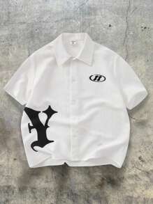 SHEIN 1 件青少年男孩休闲运动街头时尚白色翻领衬衫，纹理面料上有大字母图案，适合返校，适合生日派对、晚会、表演、婚礼、洗礼、开幕式，日常适合日常使用，适合上学，适合旅行，适合运动，适合春夏和秋季，适合白色上衣学校返校白色 T 恤 Y2k 上衣 - 白色 - 查看 1