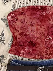 Attitoon Blusa de tubo ajustada tipo vintage con estampado retro de flores en estilo romano con volantes, de color rojo Angola, adecuada para el verano